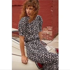 Free People Black Cream Floral Puff Sleeve Corset Open Back Midi Dress Size S